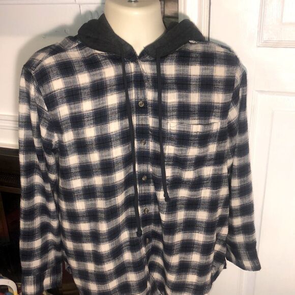 American Eagle Blue Plaid Hooded Flannel Button Up Shirt Jacket Men’s Medium M - Picture 1 of 5